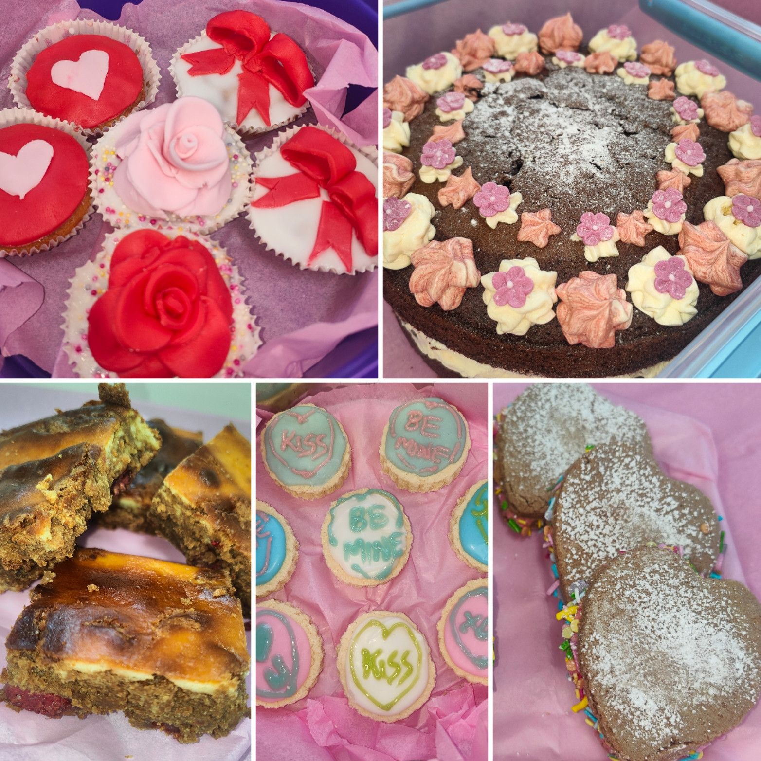 Image of various baked goods, for Valentines bake off. Brownies, Biscuits, Cupcakes, Red Velvet Cake.