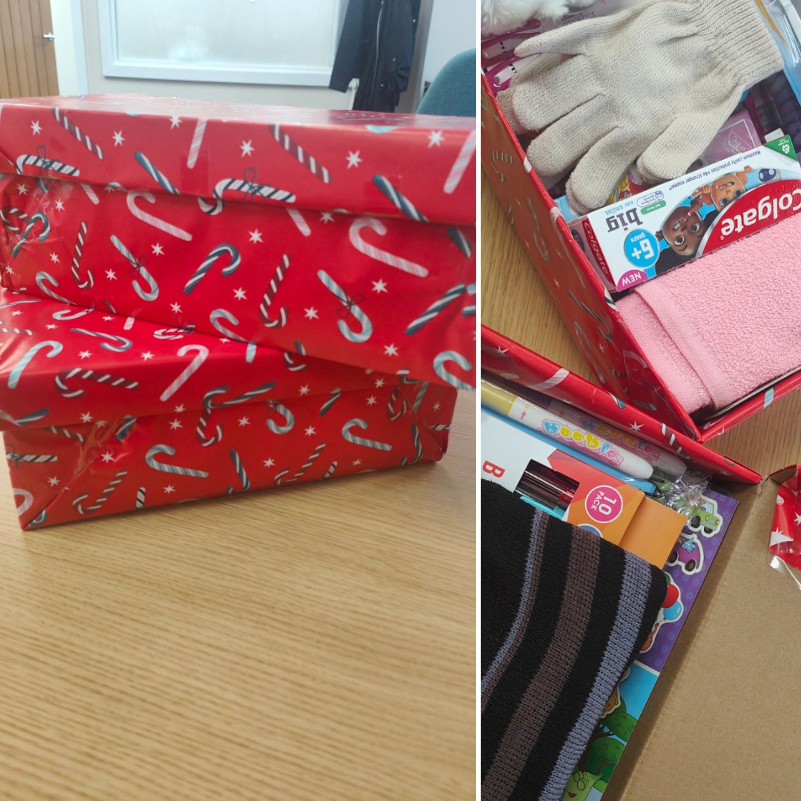 Christmas Box appeal, various items packed in each box, featured on the XCL website